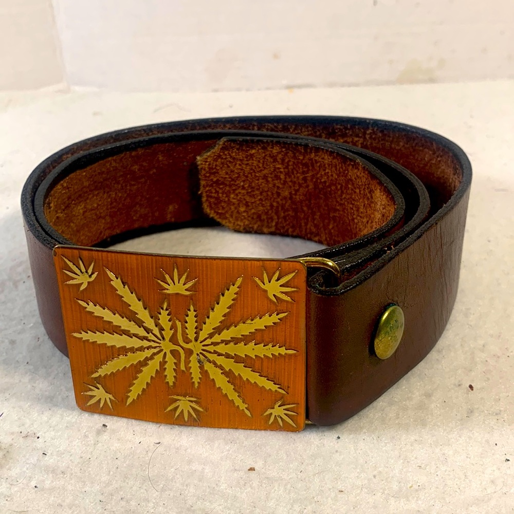 Vintage 70’s Horizon Brown Leather Belt With Brass and Copper Raised Weed Symbol